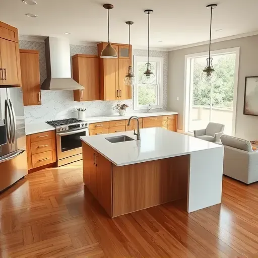 Modern kitchen remodel in Laurel MD with sleek white quartz, stainless appliances, and custom wooden cabinets.