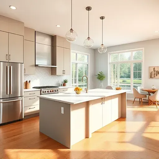Modern kitchen remodel in Hyattsville MD with neutral matte cabinetry, stainless steel appliances, and granite island.