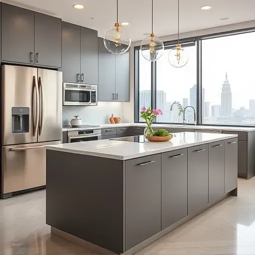 Beautiful modern Washington D C kitchen with sleek cabinets stainless steel appliances quartz island large windows and contemporary tiles