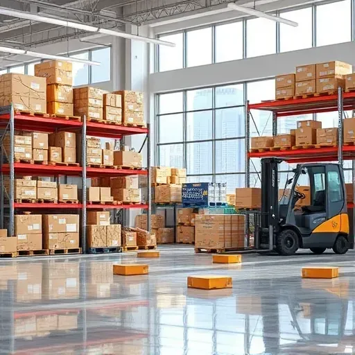 Neatly organized warehouse in Hyattsville MD with metallic shelves, labeled boxes, pallets, forklift, and natural light.