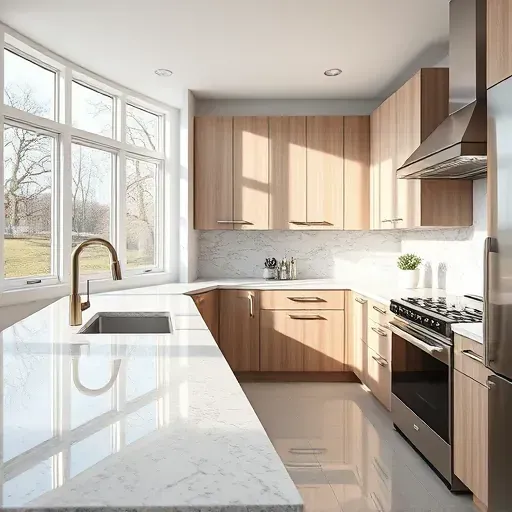 Modern bright kitchen in Hyattsville MD with sleek cabinets granite countertops stainless steel appliances and natural light