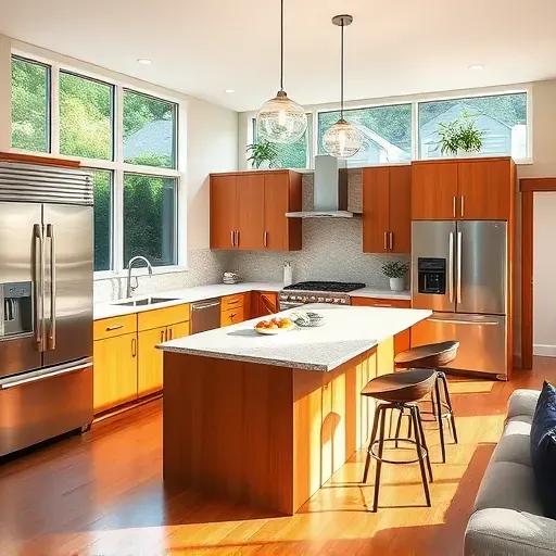 Remodeled kitchen in New Carrollton MD with modern design, high-end appliances, granite island, and natural lighting.