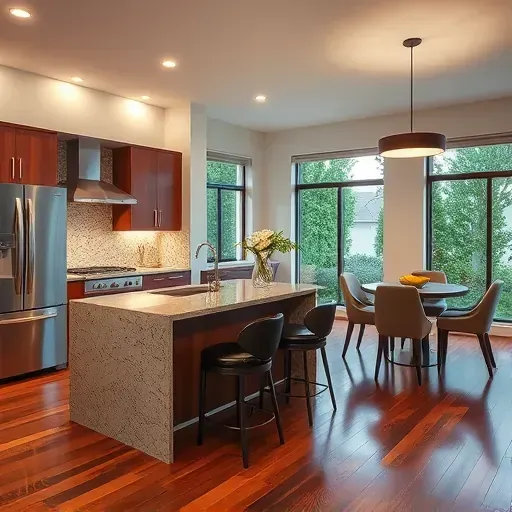 Modern Gaithersburg kitchen remodel featuring stainless steel appliances, granite island, wood accents, and natural light.