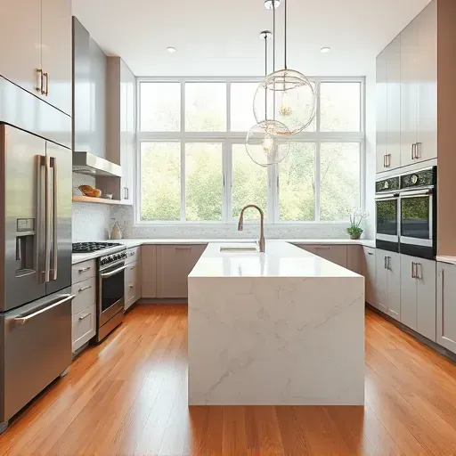 Remodeled Beltsville Maryland kitchen with matte cabinets quartz countertops stainless steel appliances hardwood floors and large windows