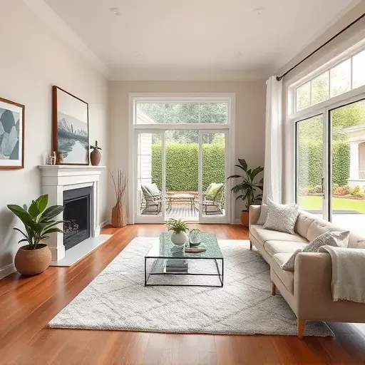 Remodeled living room in Upper Marlboro MD with neutral tones, artwork, modern fireplace, and natural light-filled decor.
