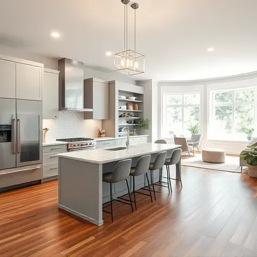 Modern kitchen remodel in Rockville MD featuring gray cabinetry, quartz countertops, and open layout with natural light.