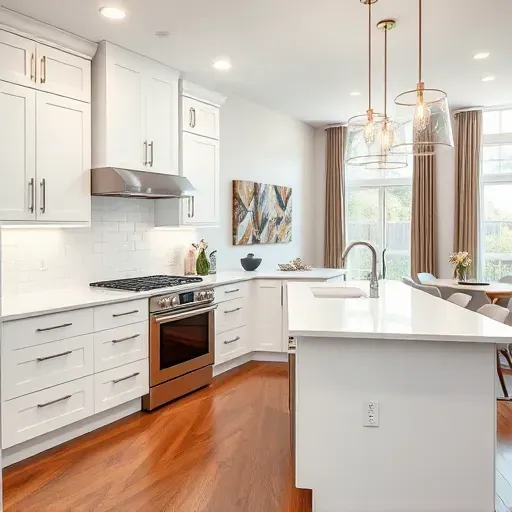Beautifully remodeled kitchen in Hyattsville MD with white cabinetry, quartz island, hardwood floors, and modern appliances.