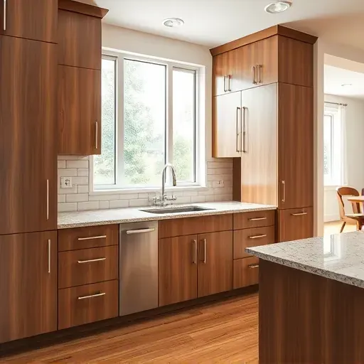 High-end modern kitchen with sleek wood cabinets granite counters stainless steel handles and a spacious, organized layout