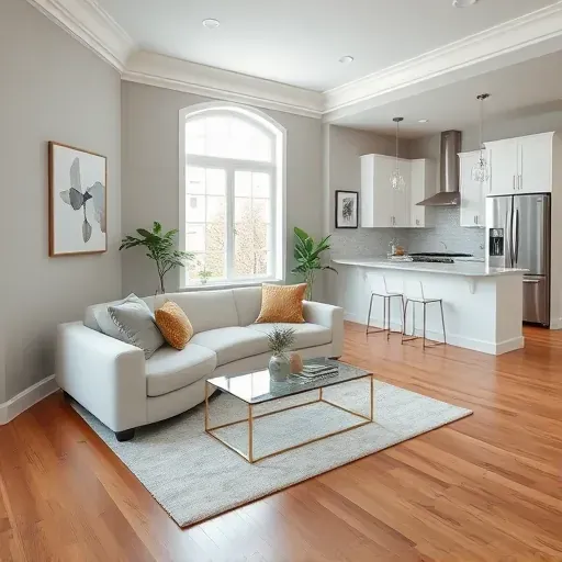 Modern living room remodel in Mount Rainier MD features minimalist design, hardwood floors, and elegant decor accents.