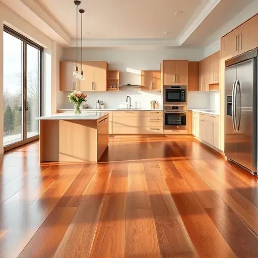 Freshly installed polished hardwood kitchen flooring in a modern Hyattsville MD home with bright natural light.