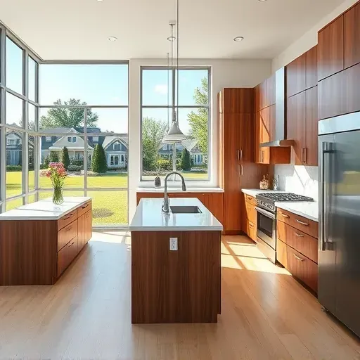 Remodeled Crofton Maryland kitchen with modern wood cabinets quartz countertops stainless steel appliances hardwood floor natural light scenic neighborhood view