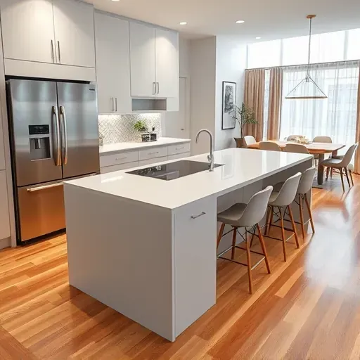 Modern renovated Beltsville kitchen with stainless steel appliances, quartz countertops, minimalist cabinetry, hardwood floors and natural light