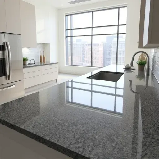 Polished gray granite kitchen countertop in a modern Hyattsville MD kitchen with stainless steel appliances and minimalist decor