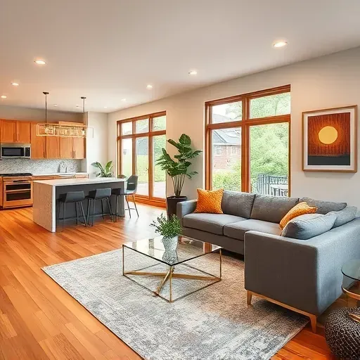 Inviting living room in remodeled Takoma Park home with modern decor, natural light, and seamless kitchen integration.