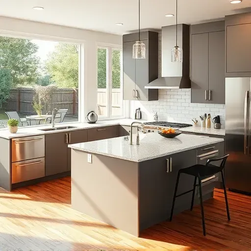 Renovated kitchen in Glen Burnie MD with modern cabinets, stainless steel appliances, and spacious granite island.