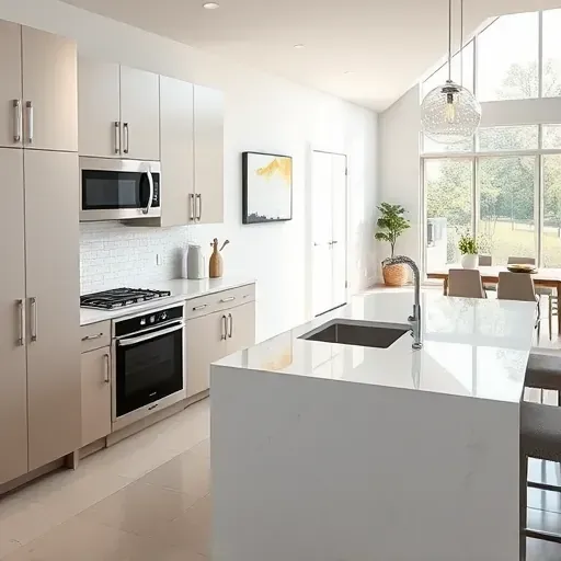 Renovated modern kitchen in Gaithersburg MD with sleek matte cabinets, quartz countertops, stainless steel fixtures, and pendant lighting