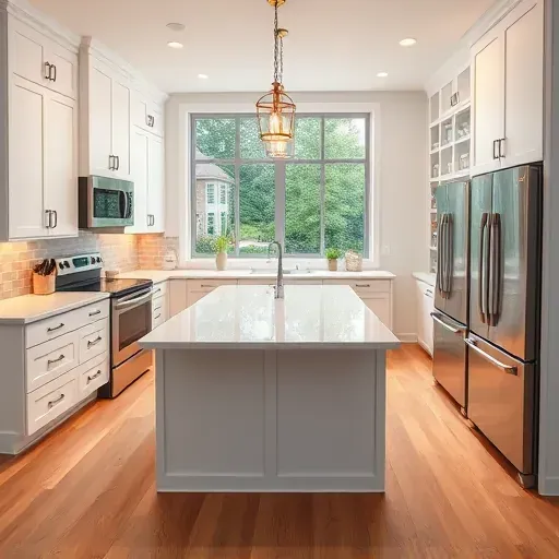 Modern remodeled kitchen in Gaithersburg MD with white cabinetry quartz island stainless steel appliances hardwood floors and large windows