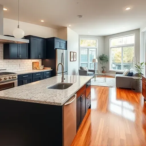 Modern kitchen in Forestville MD with navy cabinets, granite countertops, hardwood floors, and bright natural light.