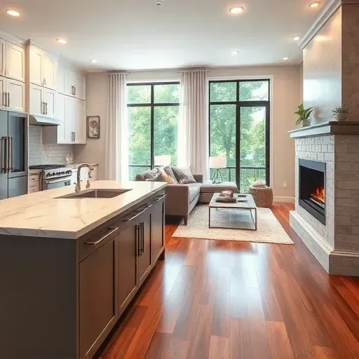 Completed remodeling project in Hyland Hills MD featuring a modern traditional kitchen and cozy living room design elements.