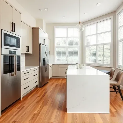 Recently renovated Greenbelt MD kitchen with modern cabinetry, quartz countertops, subway tile backsplash, stainless steel appliances, hardwood floors, and large windows.