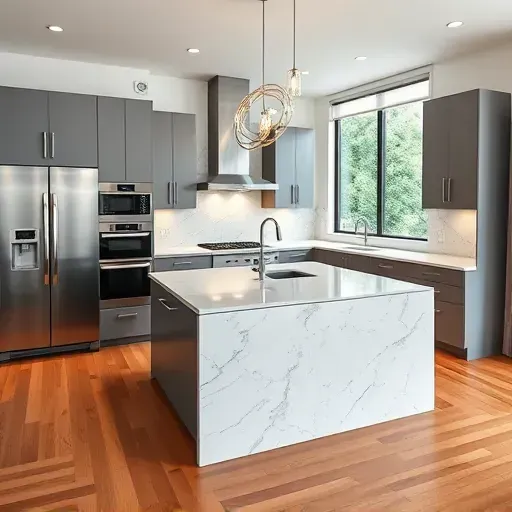 Renovated modern kitchen in Fort Washington MD with sleek cabinets, marble island, stainless appliances, and natural light