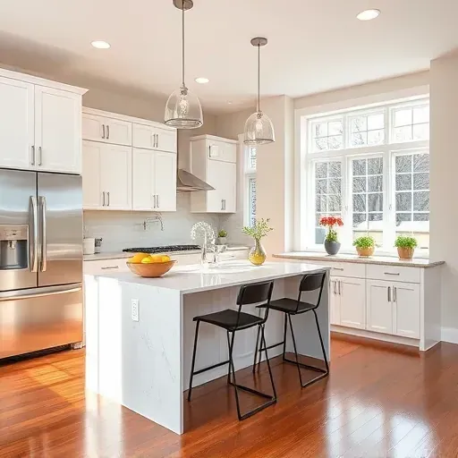 Modern kitchen remodel in Suitland MD features quartz countertops, stainless steel appliances, and a stylish island.