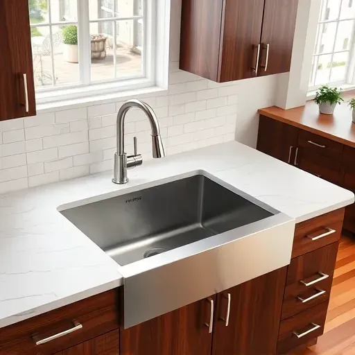 Recently installed stainless steel kitchen sink with high-arc faucet in Hyattsville MD featuring quartz countertop, dark wood cabinets, subway tile backsplash, hardwood flooring, and natural light.