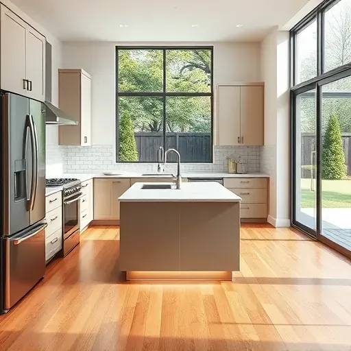 Modern Clinton MD kitchen with sleek matte cabinets, marble counters, stainless steel appliances, hardwood floors, and large windows