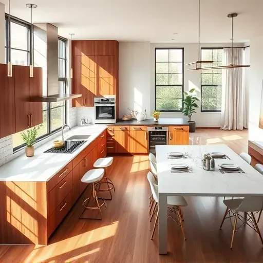 Modern kitchen in Hanover MD with walnut cabinetry, quartz countertops, stainless appliances, and natural light.