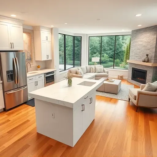 Remodeled Oxon Hill MD kitchen and living area features white cabinets, granite island, stainless steel appliances, and a garden view.