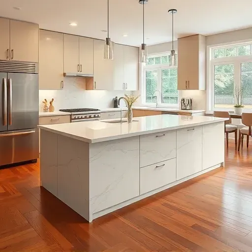 Modern Hyattsville kitchen with marble island, matte cabinets, stainless steel appliances, hardwood floors, and warm lighting
