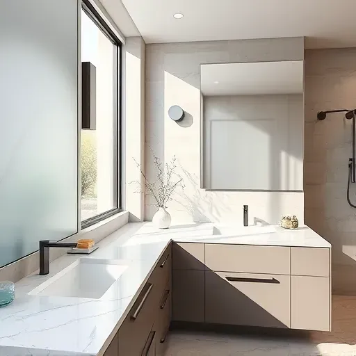 Modern upscale bathroom with sleek marble countertops, minimalist cabinetry, large mirror, and natural lighting in Hyattsville MD