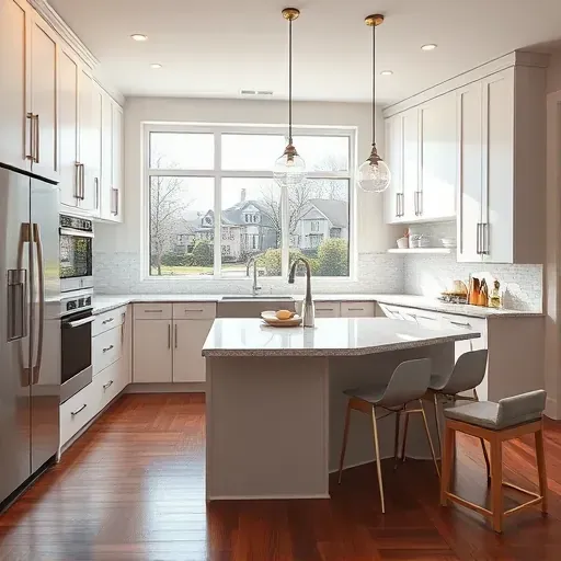 Remodeled Hyattsville MD kitchen with modern cabinetry stainless steel appliances granite island hardwood floors and natural light