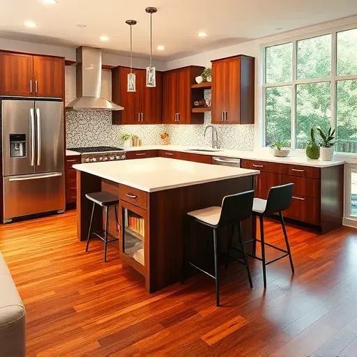 Modern kitchen remodel in Laurel MD features walnut cabinetry, quartz island, mosaic backsplash, and natural light.