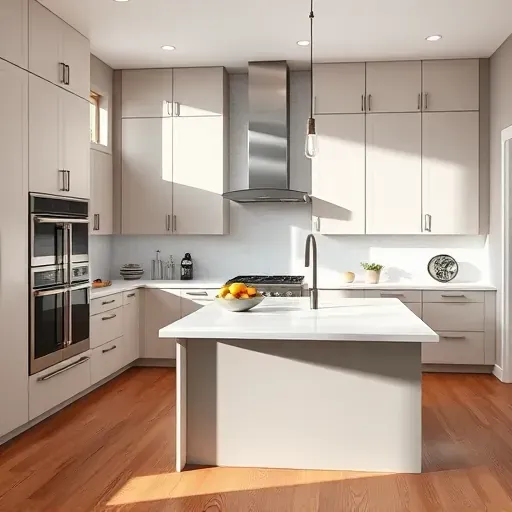 Remodeled modern kitchen in District Heights MD with matte cabinets stainless appliances quartz island hardwood floors bright natural light