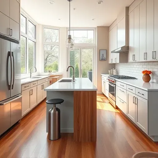 Modern renovated kitchen in Riverdale Park MD with sleek matte cabinets, stainless steel appliances, quartz countertops, wooden island, subway tile backsplash, hardwood floors, and sunny open-plan design