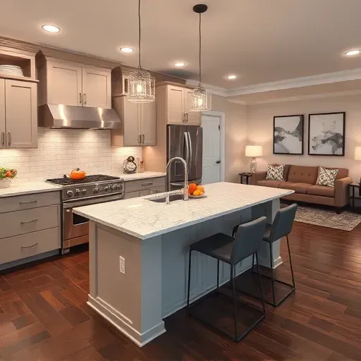 Modern kitchen remodel in Hanover MD featuring granite countertops, stainless steel appliances, and an open layout.