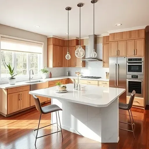 Modern kitchen remodel in Fairfax VA features sleek cabinetry, quartz countertops, spacious island, and warm wood flooring.