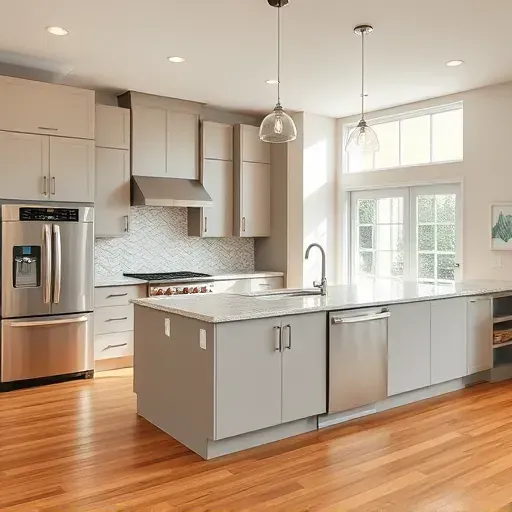 Freshly remodeled kitchen in Crofton, MD with modern cabinetry, granite island, stainless steel appliances, and bright lighting.