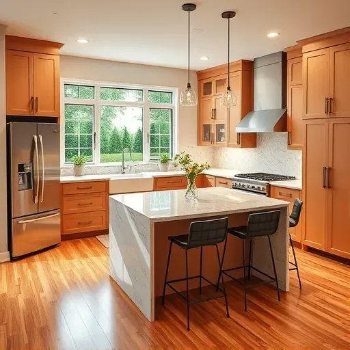 Modern kitchen remodel in Greenbelt MD with stainless steel appliances, quartz countertops, and warm cabinetry.