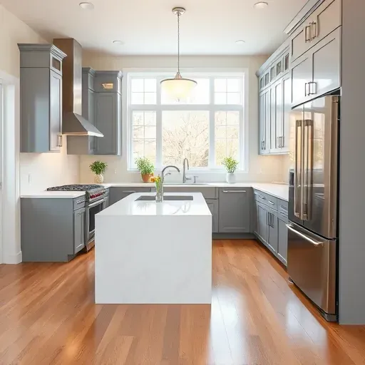 Modern kitchen remodel in Chillum, MD with glossy gray cabinetry, white quartz countertops, and stainless steel appliances.