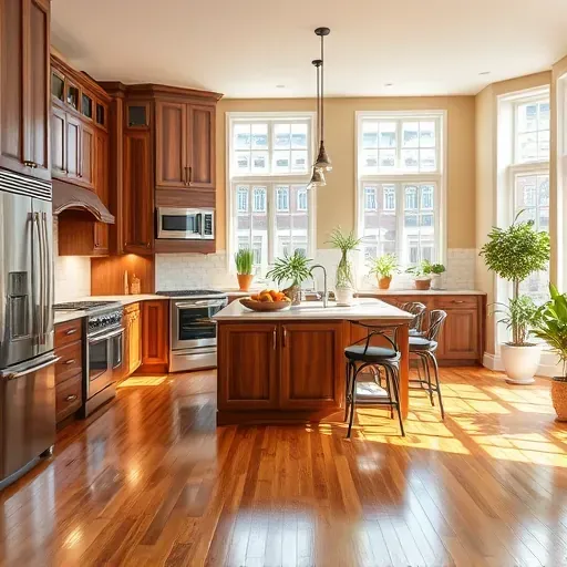 Remodeled kitchen in Washington D.C. featuring walnut cabinets, quartz countertops, and natural light from large windows.