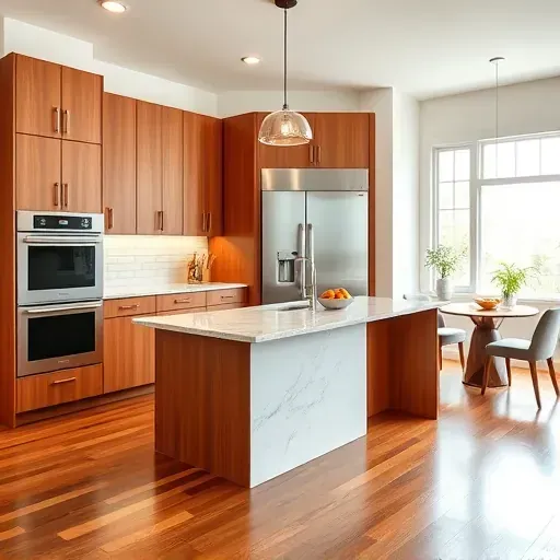 Remodeled Severn MD kitchen with warm wood cabinets, granite counters, stainless steel appliances, marble island, and hardwood floors