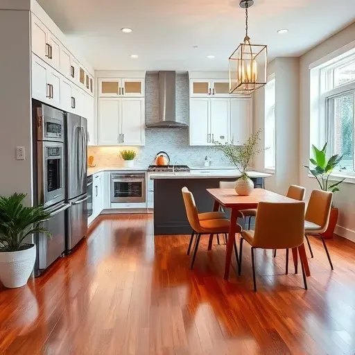 Modern kitchen remodel in Severn MD featuring custom cabinetry, marble countertops, hardwood flooring, and ambient lighting.