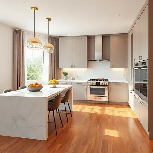 Modern kitchen remodel in Chillum MD with soft gray cabinetry, white marble counters, and dining area highlights.