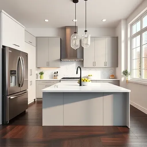 Modern kitchen remodel in Fort Washington MD with stainless appliances, quartz countertops, and stylish pendant lighting.