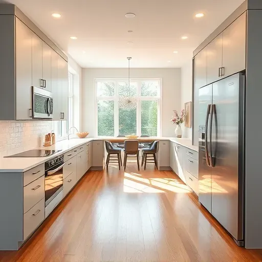 Modern Clinton kitchen with quartz countertops, wooden island, stainless appliances, neutral cabinetry, subway tile backsplash, and hardwood floors