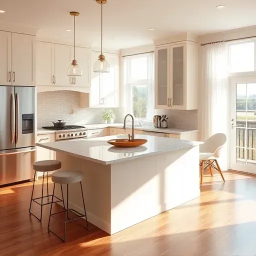 Remodeled Waldorf MD kitchen with modern neutral cabinets, stainless steel appliances, granite island, pendant lighting, and hardwood flooring