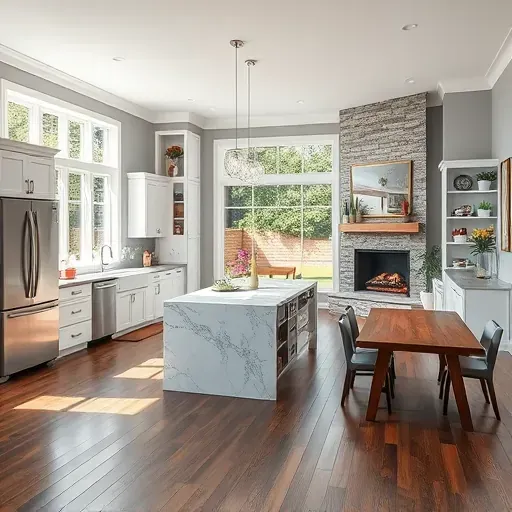 Remodeled living space in Takoma Park with open layout, modern kitchen, cozy fireplace, and natural light from large windows.