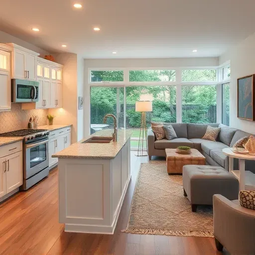 Modern kitchen and living space in Odenton MD features sleek cabinetry, granite island, and natural light.